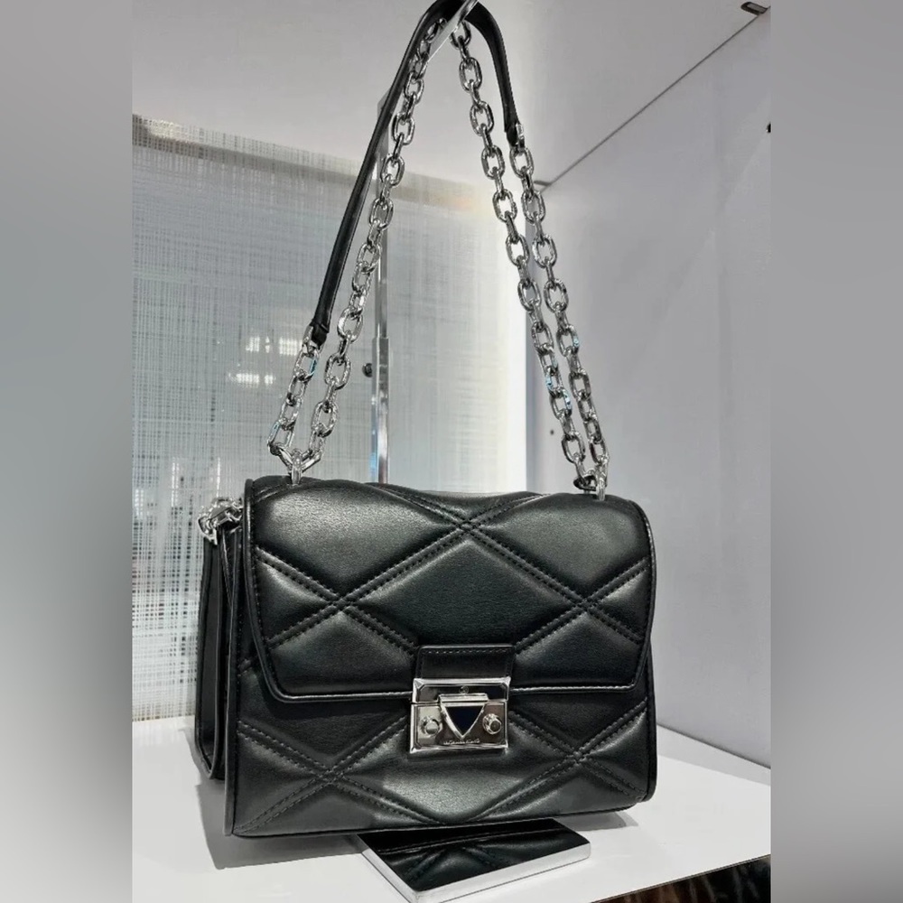 MICHAEL KORS Black Silver Serena Quilted F. Leather Crossbody Bag AUTHENTIC NWT - Picture 2 of 9